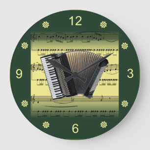 Accordion~Rollend blad Muziek~Gold/Groene achtergr Grote Klok