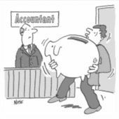 Accountant cliënt met enorme spaarpot sticker (Voorkant)