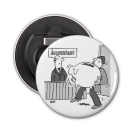 Accountant client met gigantische spaarbank button flesopener