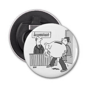 Accountant client met gigantische spaarbank button flesopener