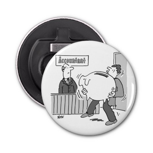 Accountant client met gigantische spaarbank button flesopener (Voorkant)