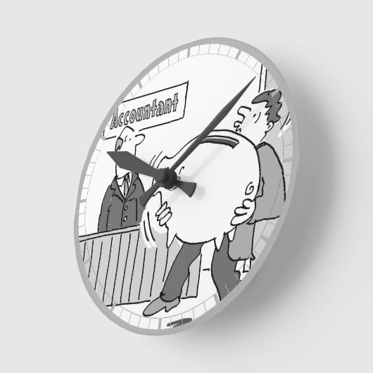 Accountant client met gigantische spaarbank ronde klok (Hoek)