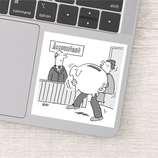 Accountant client met gigantische spaarbank sticker (Detail)