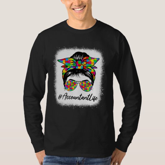 Accountant Messy Bun Women Supporting Autism Aware T-shirt (Voorkant)