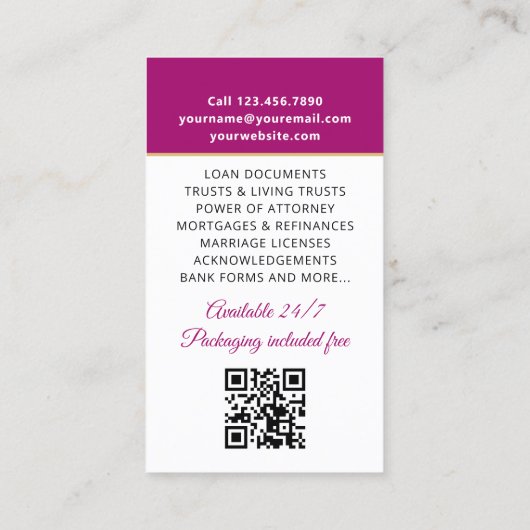 Accreditatie Notaris Openbare foto QR Code Magenta Visitekaartje (Achterkant)