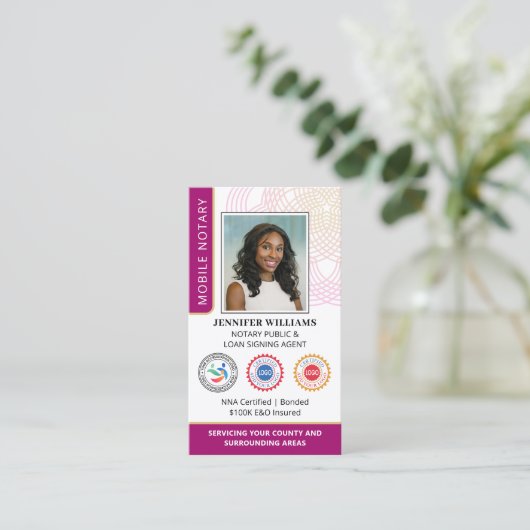 Accreditatie Notaris Openbare foto QR Code Magenta Visitekaartje (Staand voorkant)