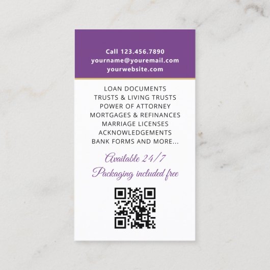 Accreditatie Notaris Openbare Foto QR Code Paarse Visitekaartje (Achterkant)