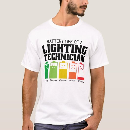 Accuduur van een verlichtingstechnicus t-shirt (Voorkant)