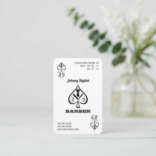 Ace of barbers black and white loyalty card visitekaartje (Staand voorkant)