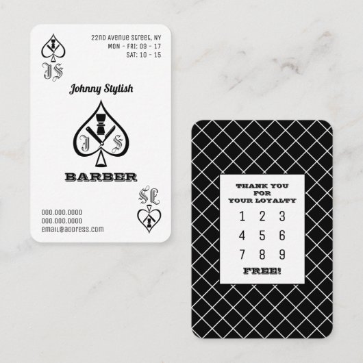 Ace of barbers black and white loyalty card visitekaartje (Voorkant / Achterkant)