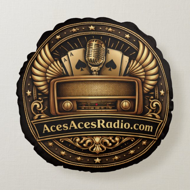 acesacesradio zwart en goud rond kussen (Voorkant)