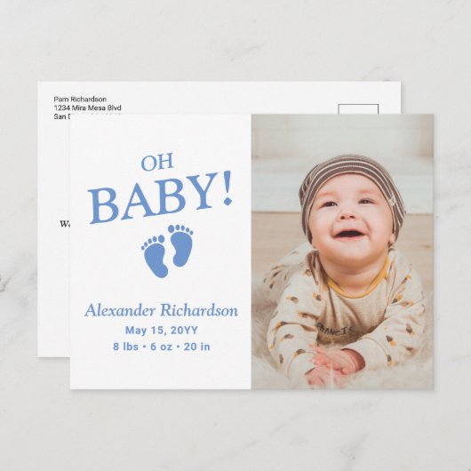 Ach Baby Blue Custom Foto Boy Aankondiging (Voorkant / Achterkant)