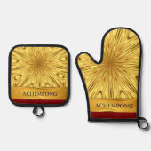 Achempong Designer Kitchen Set: Opulent Swirl Gold Ovenwant & Pannenlap Set (Voorkant)