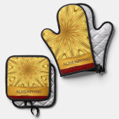 Achempong Designer Kitchen Set: Opulent Swirl Gold Ovenwant & Pannenlap Set (Voorkant / Achterkant)