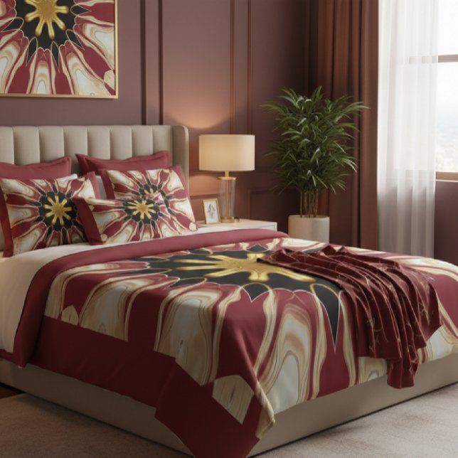Achempong: Starburst | Dieprode Crème Gouden B Kussen (The final touch of tranquility: A lavish bed dressed with an Achempong custom duvet cover, layered)