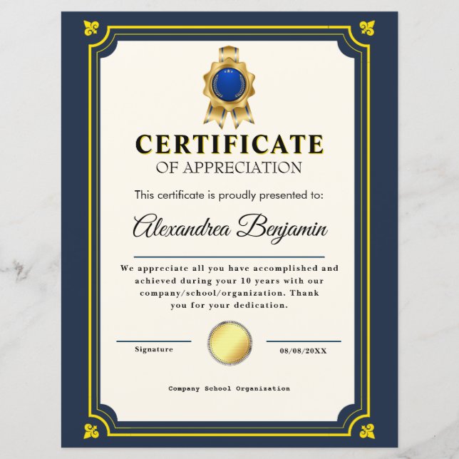 Achievement Appreciate Gold Blue Certificate (Voorkant)