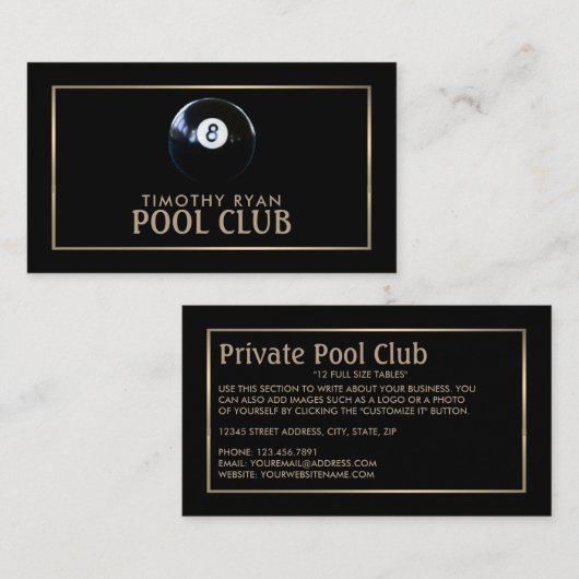 Acht bal, pool club, pool speler visitekaartje (Voorkant / Achterkant)