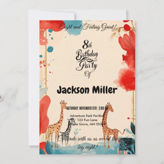 Acht en het gevoel van grote 8e verjaardag rood en kaart (Voorkant)