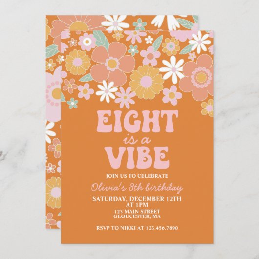 Acht is een vibe Groovy Retro Floral 8e verjaardag Kaart (Voorkant / Achterkant)