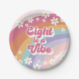 Acht is een Vibe Retro Regenboog 8e Verjaardag Papieren Bordje