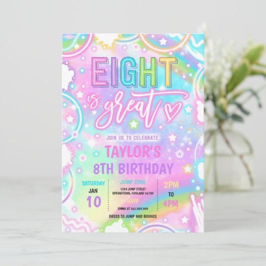 Acht is geweldig neon gloed 8e verjaardagsfeest kaart (Staand voorkant)