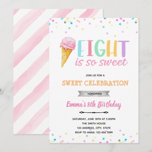 Acht is zo zoete ijsjes-uitnodiging kaart (Voorkant / Achterkant)