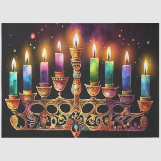Acht nachten van licht! Waterverf Menorah Tissuepapier (Voorkant)