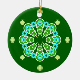 Acht punten Mandala, Dark Jade Green en Aqua Keramisch Ornament