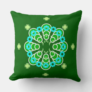 Acht punten Mandala, Dark Jade Green en Aqua Kussen