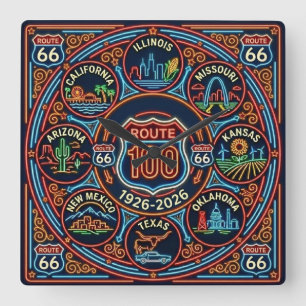Acht State Neon Route 66 Eeuwfeest 1926-2026 Vierkante Klok