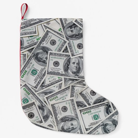 Achtergrond 100 dollarbiljetten. kleine kerstsok (Voorkant)