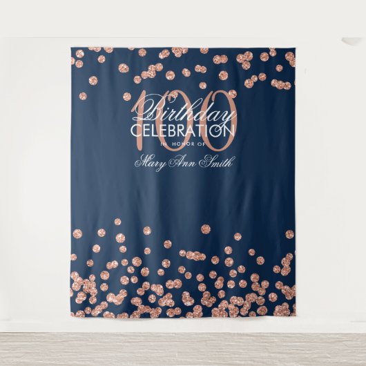 Achtergrond 100ste verjaardag Rose Goud Navy Confe Wandkleed (Voorkant)