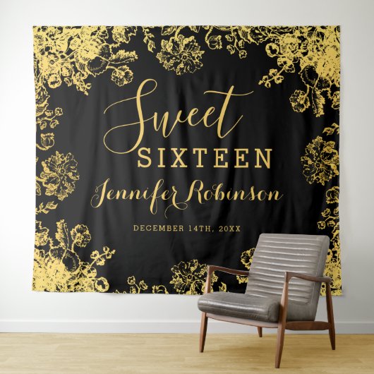 Achtergrond 16e zweet zestien verjaardag Gold Flor Wandkleed (In Situ (horizontaal))