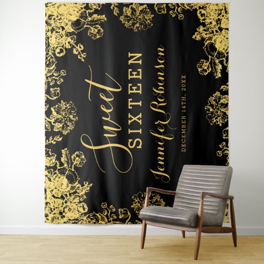 Achtergrond 16e zweet zestien verjaardag Gold Flor Wandkleed (In situ)
