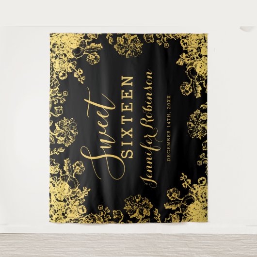 Achtergrond 16e zweet zestien verjaardag Gold Flor Wandkleed (Voorkant)