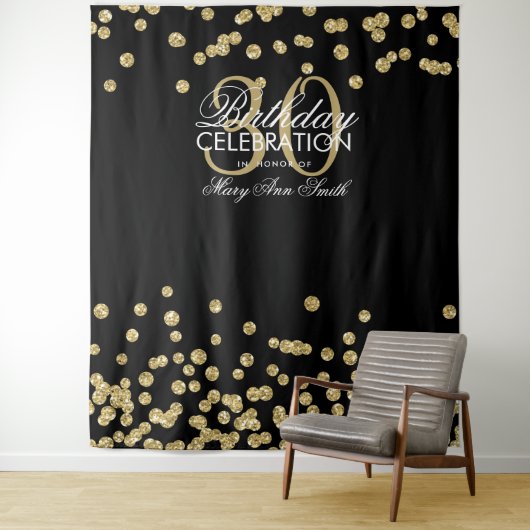 Achtergrond 30e verjaardag Gold Black Confetti Wandkleed (In situ)
