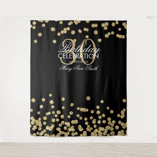 Achtergrond 30e verjaardag Gold Black Confetti Wandkleed (Voorkant)