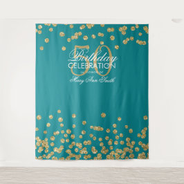 Achtergrond 50e verjaardag Goud Teal Confetti Wandkleed