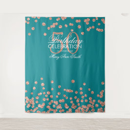 Achtergrond 50e verjaardag Roze Goud Teal Confetti Wandkleed