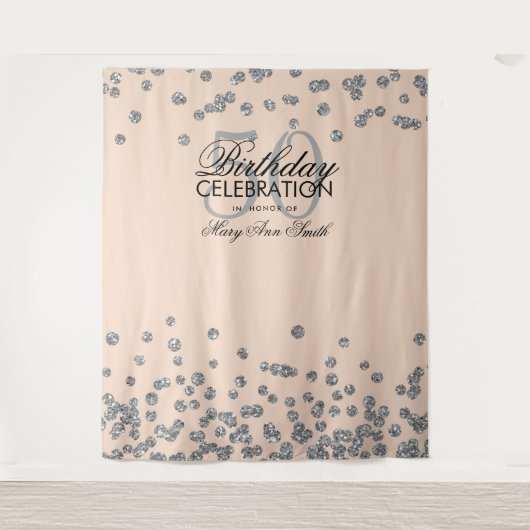 Achtergrond 50e verjaardag Zilver Roze Confetti Wandkleed (Voorkant)