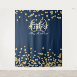 Achtergrond 60e Verjaardag Goud Navy Blauwe Confet Wandkleed