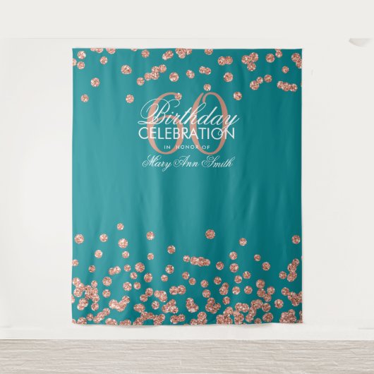 Achtergrond 60e Verjaardag Roze Goud Teal Confetti Wandkleed (Voorkant)
