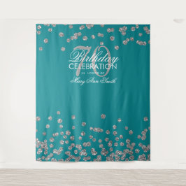 Achtergrond 70e verjaardag Zilver Teal Confetti Wandkleed