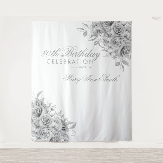 Achtergrond 80e verjaardag Floral Silver & White Wandkleed (Voorkant)