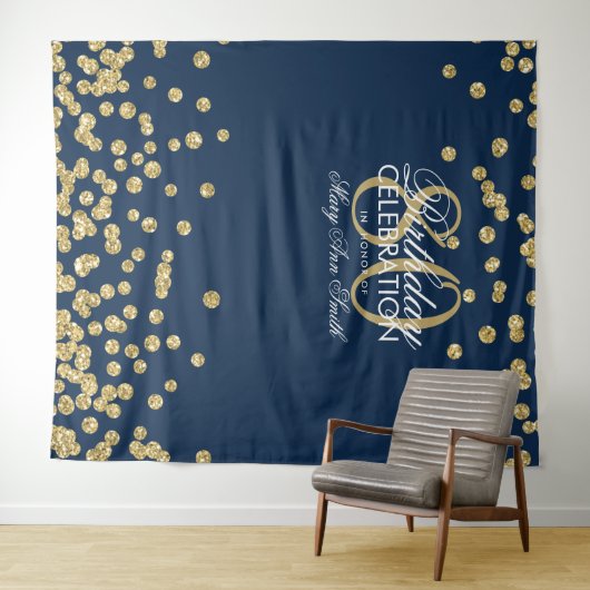 Achtergrond 80ste verjaardag Goud Navy Confetti Wandkleed (In Situ (horizontaal))