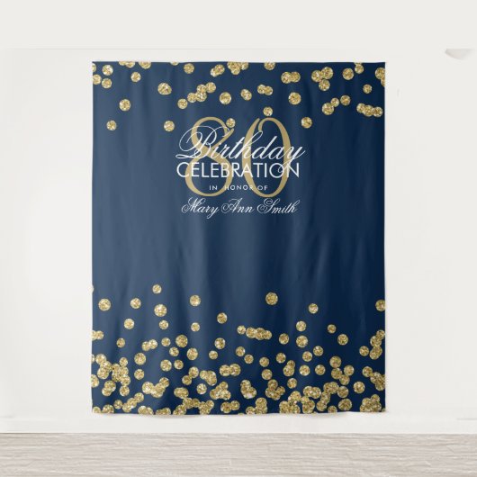 Achtergrond 80ste verjaardag Goud Navy Confetti Wandkleed (Voorkant)