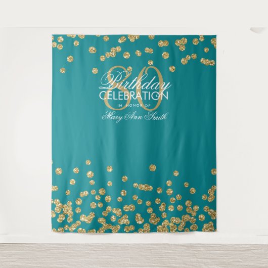 Achtergrond 80ste verjaardag Goud Teal Confetti Wandkleed (Voorkant)