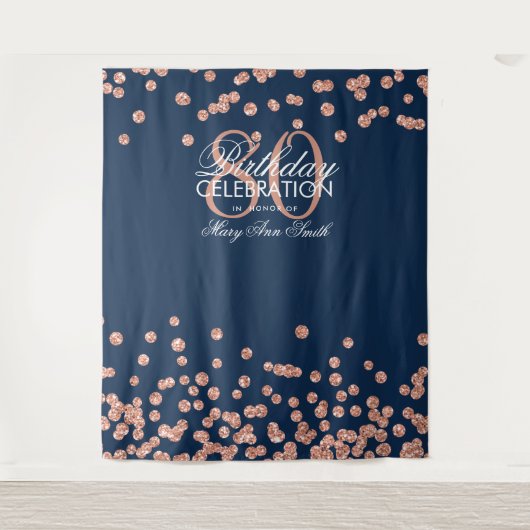 Achtergrond 80ste verjaardag Rose Goud Navy Confet Wandkleed (Voorkant)