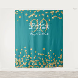 Achtergrond 90ste verjaardag Goud Teal Confetti Wandkleed