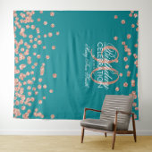 Achtergrond 90ste verjaardag Rose Goud Teal Confet Wandkleed (In Situ (horizontaal))
